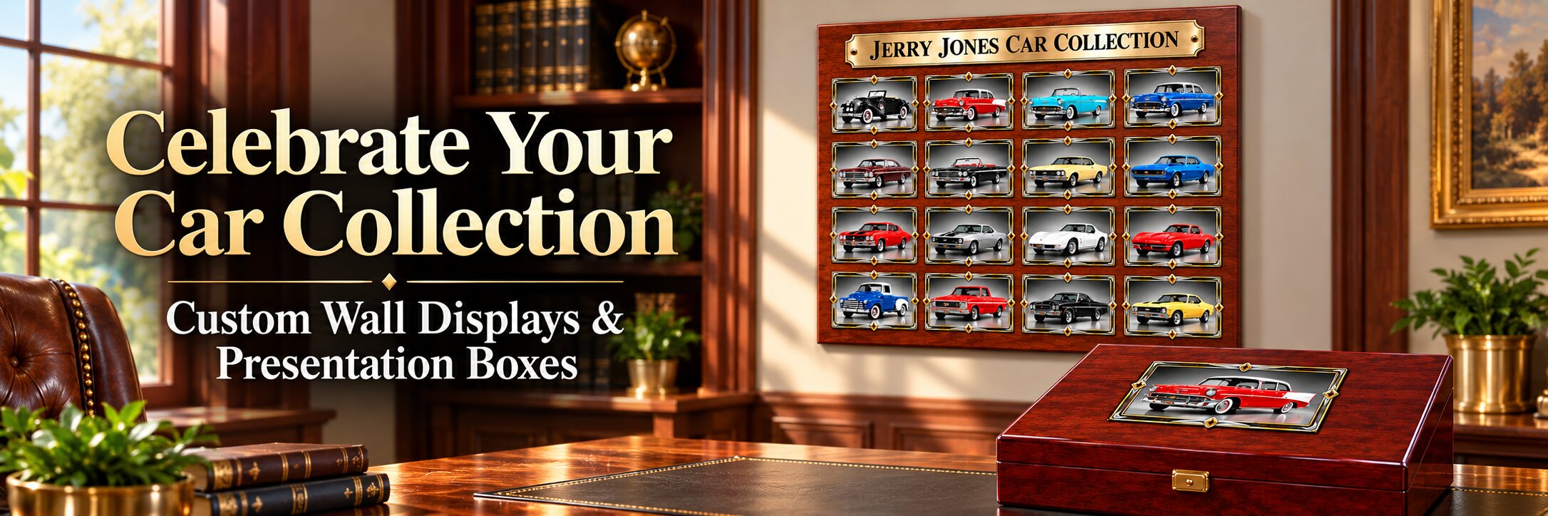Custom wall display and wooden presentation box for classic car collections